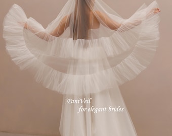 Two-Tier Puffy Ruffled Tulle Bridal Veil with Blusher, Bohemian Wedding Accessory