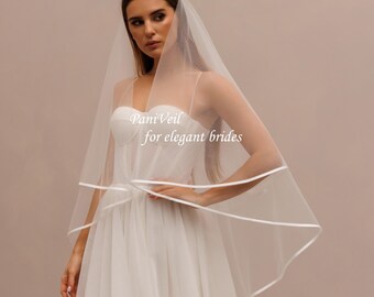 Two Tier Ivory Bridal Veil - Satin Ribbon Edge, Fingertip Length