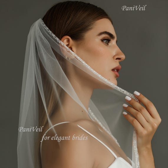 Beaded Edge Veil Beaded Wedding Veil Plain Wedding Veil  display picture 3