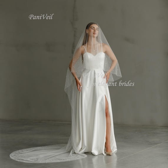 Cathedral Pearl Veil With Blusher Long Pearl Veil Pearl Veil  display picture 1