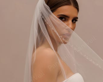 Beads Wedding Veil, Light Ivory Tulle, Fingertip or Cathedral Length Romantic Simple Veil