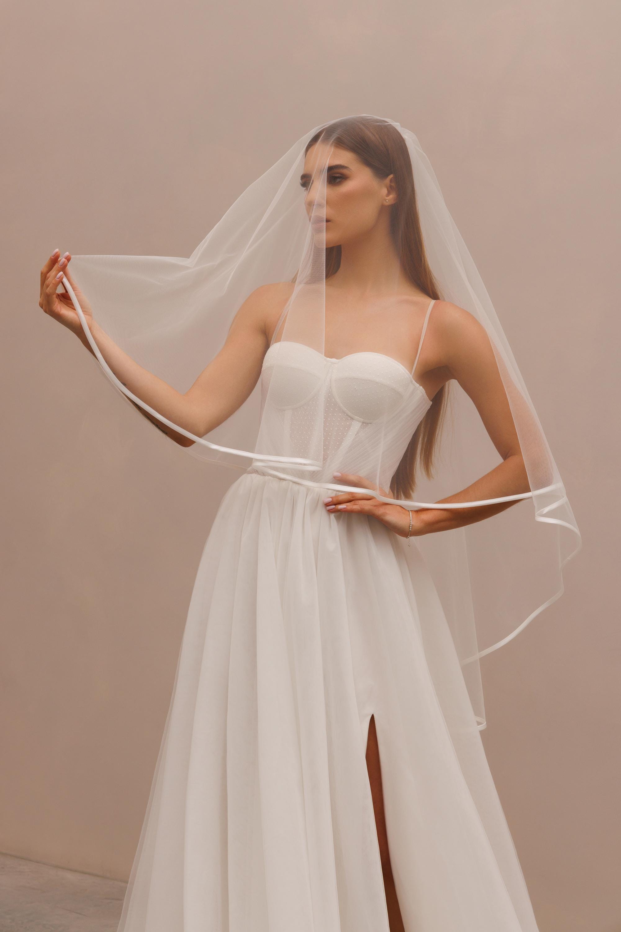 Veil Ivory two tier ribbon edge crystal fingertip length Two Layer Veil Two Tier Satin Edge Satin Ribbon 2 Tier Veil  main image 2