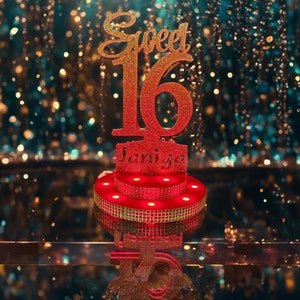 Sweet 16 Glitter Cake Topper: Rhinestone Pedestal, Optional LED