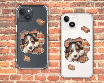 Kawaii 3D Puppy in Brick Wall iPhone Case l Cute Dog Silicon Clear Phone Cover l Transparent Animal Design Phone Protector l Best Selling