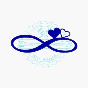 Puede incluir: Logotipo azul y blanco con un símbolo de infinito, dos corazones, un pincel y una hoja de sierra. El texto "KUNSTWERK BY ANJA" está incluido. El logotipo está sobre un fondo blanco.