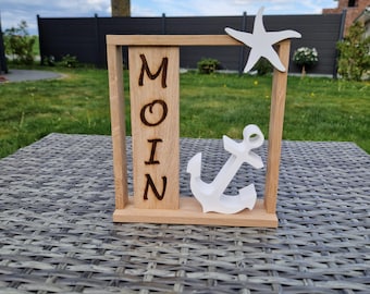 Maritime Deko mit Anker und Schriftzug MOIN in Klötzchen Holzrahmen mit Seestern Keraflott Dekoschild Aufsteller Geschenk