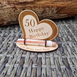 Geldgeschenk zum Geburtstag (runder Geburtstag) personalisierbar Wunscherfüller mit Wunschtext Wunschgravur Geschenkverpackung aus Holz