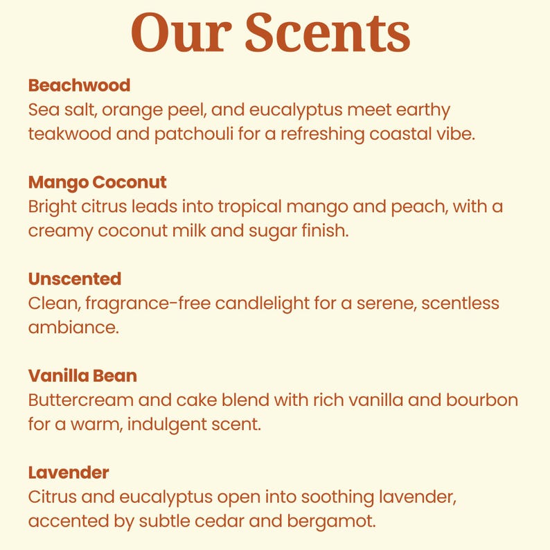 K&ouml;nnte beinhalten: Eine Liste von Kerzend&uuml;ften mit Beschreibungen. Die D&uuml;fte sind Strandholz, Mango-Kokosnuss, Unparf&uuml;miert, Vanilleschote und Lavendel.