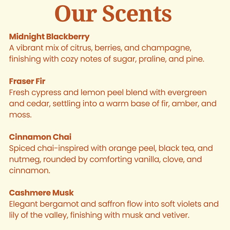 K&ouml;nnte beinhalten: Text, der verschiedene D&uuml;fte beschreibt, darunter Midnight Blackberry, Fraser Fir, Cinnamon Chai und Cashmere Musk. Jede Duftbeschreibung enth&auml;lt eine Liste von Noten.