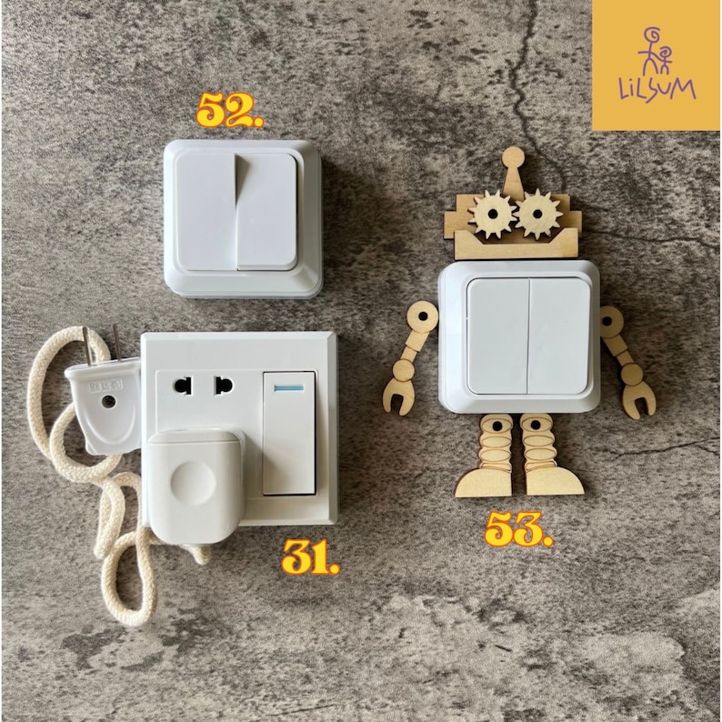 May include: An assortment of white electrical switches and outlets. One switch is designed as a robot with wooden gears, arms, and legs. Another has a plug and a cord. The image includes the text "LILSUM".