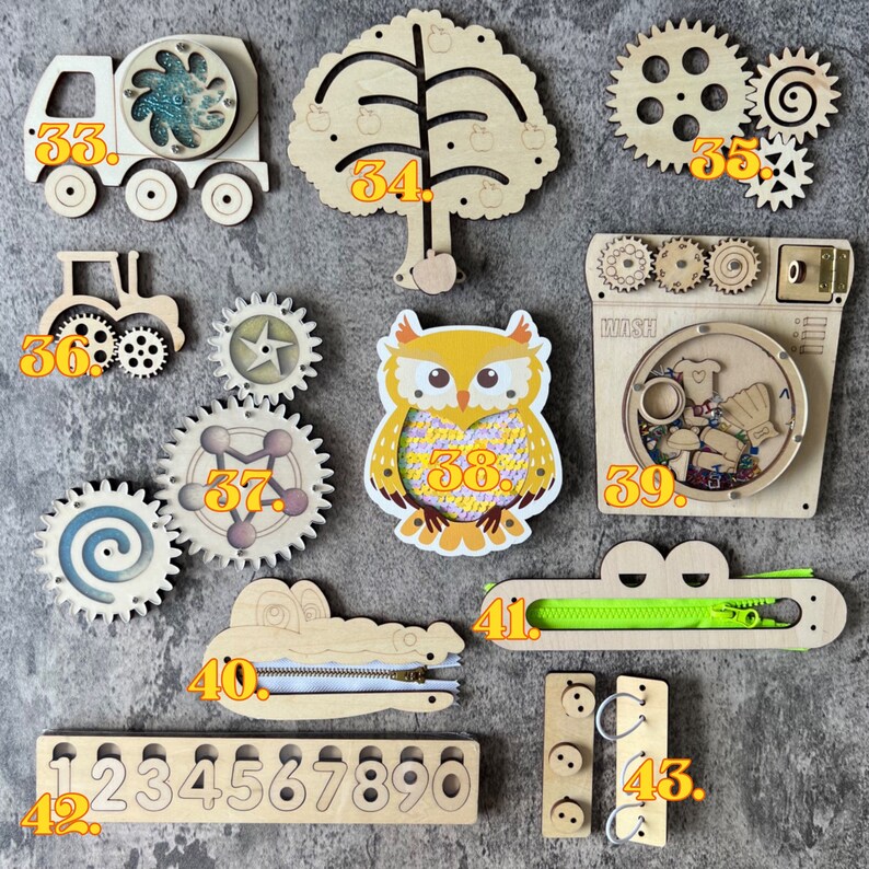 Wooden Montessori Busy Board Accessories

Product Size:
33. 
34. 15*15*1.5cm
35.8.5*8.5/ 5.5*5.5/ 4.5*4.5 cm
36. 8*6.7 cm
37. 10*10/ 8.2*8.2/ 6.2*6.2cm
38. 14*11.5*1.2cm
39. 15*15.7*1.8cm
40. 15*8cm
41. 20.5*6.2*0.5cm
42.25*5cm
43. 7.5*9.8cm
