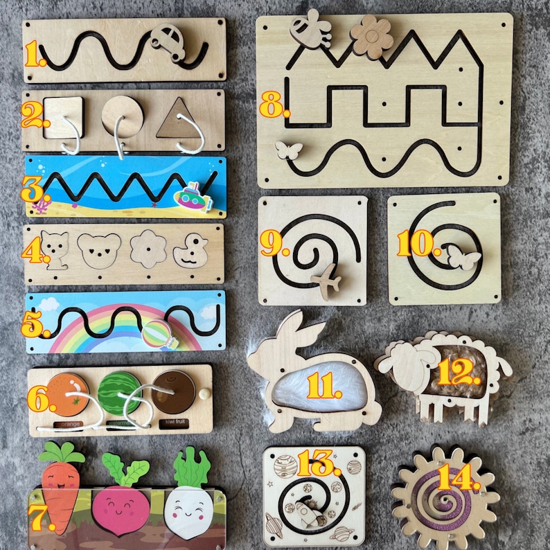 Busy Board Accessories

Product Size:
1. 18*5.5*1.5cm
2. 18*5.5*0.5cm
3. 18*5.5*1.3cm
4. 18*5.5*0.5cm
5. 18*5.5*1.3cm
6. 16.5*6.2*1.5cm
7. 18*10*1.1cm
8. 22.5*15*1.5cm
9. 10*10*1.5cm
10. 10*10*1.5cm
11. 11*12*1cm
12. 12*8.2*1cm
13. 10*10*1.5cm