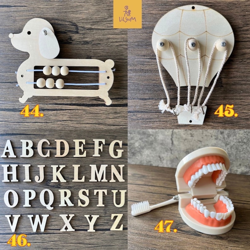 May include: A wooden dachshund-shaped abacus with six wooden beads, a wooden hot air balloon, wooden alphabet letters, and a model of teeth with a toothbrush. The items are arranged on a wooden surface.