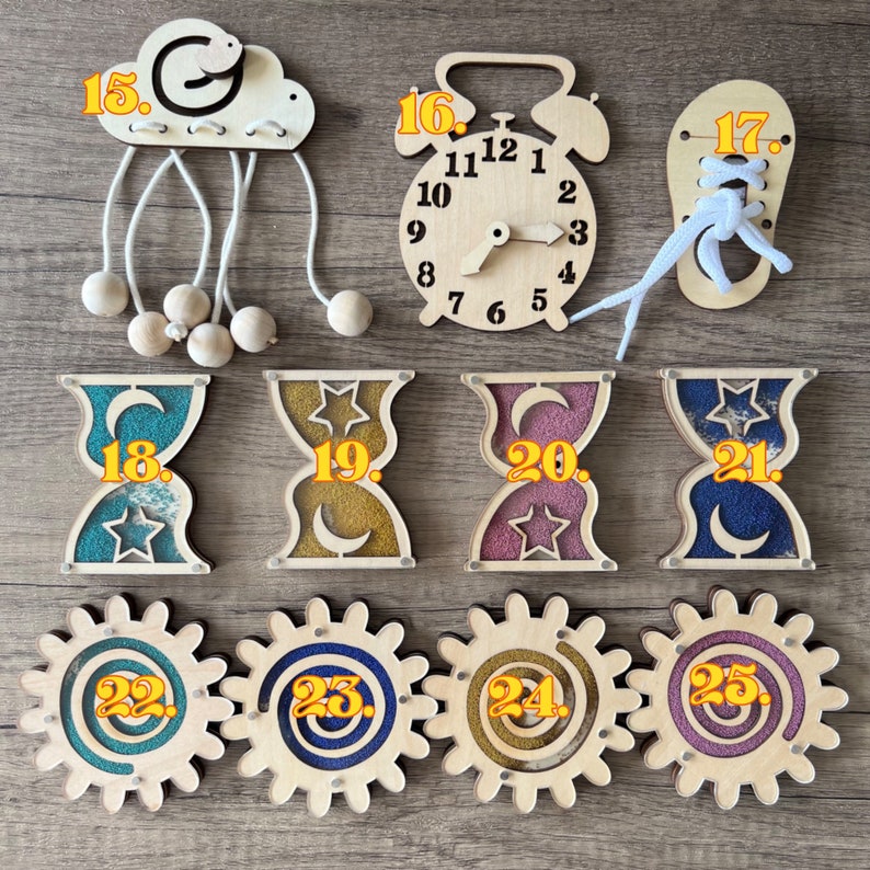 Wooden Montessori Busy Board Accessories

Product size:
15. 12*10cm
16. 10*12.5*1cm
17. 5.5*10*1cm
18. 9*7*1.1cm
19. 9*7*1.1cm
20. 9*7*1.1cm
21. 9*7*1.1cm
22. 10*10*1.1cm
23. 10*10*1.1cm
24. 10*10*1.1cm
25. 10*10*1.1cm