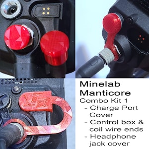 May include: A red and black Minelab Manticore Combo Kit 1 accessory set for metal detectors. The set includes a charge port cover, control box and coil wire ends cover, and a headphone jack cover.