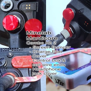 May include: A Minelab Manticore Combo Kit 2 accessory set with red and orange protective covers for the screen, charge port, control box, coil wire ends, and headphone jack. The kit includes the text "Minelab Manticore Combo Kit 2" and "TB".