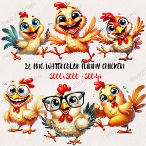 May include: A set of 26 digital watercolor illustrations of funny chickens in various poses. The chickens are cartoon-like and have large eyes, bright colors, and expressive faces. The illustrations are 3000x3000 pixels and 300 dpi.