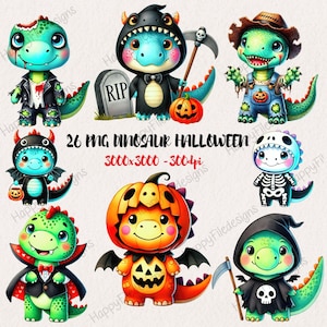 Halloween Dinosaurs Watercolor Clipart, Spooky Dinos PNG, , Halloween Party Decor, Kawaii Halloween pumpkins dinosaurs, Commercial Use