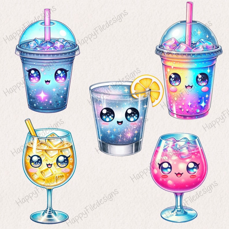 May include: Five cartoon drinks with cute faces. The drinks are a blue, a pink, a yellow, and two blue drinks. The drinks are all in different styles of glasses.