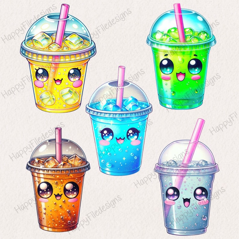 May include: Five cartoon-style cups with straws and lids filled with different colored beverages. The cups have cute faces with big eyes and smiles. The beverages are yellow, green, blue, and light blue.