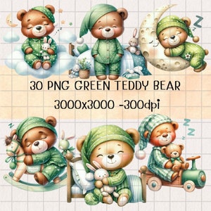 Watercolor green teddy bear sleeping clipart, Teddy Bear Clipart, Baby Shower Clipart, Green Clipart For Invitation, Teddy Bear For Nursery