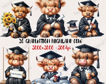 Watercolor graduation highland cow Clipart, Preschool graduation, highland cow PNG, kindergarten graduation, nursery clipart, commercial use