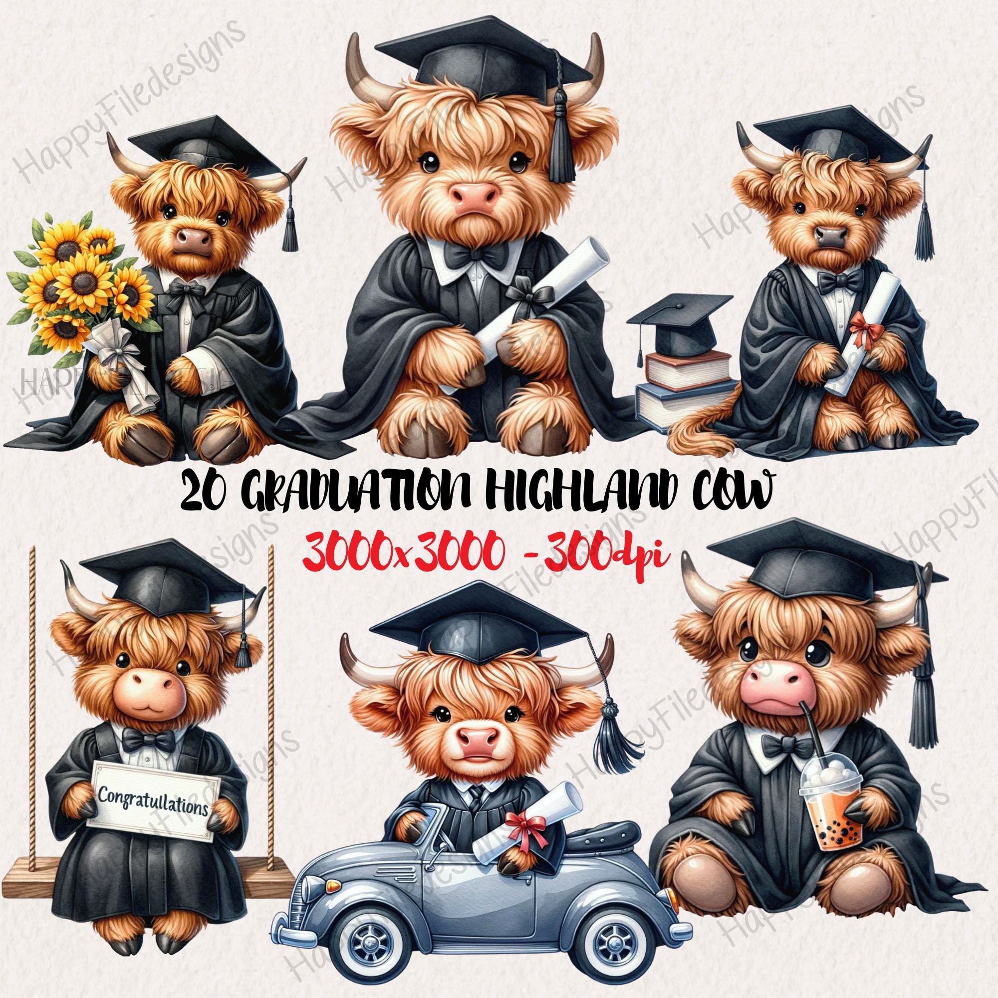 Watercolor Graduation Highland Cow Clipart: Nursery PNG Set - Etsy