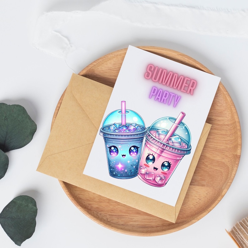 May include: A white card with the text "SUMMER PARTY" in pink and blue neon lettering. The card features an illustration of two cartoon cups of iced drinks with cute faces. The cups are blue and pink with glitter and ice cubes.