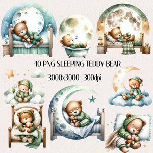 Green Bear Sleeping Clipart, Green Teddy Bear Sleeping Clipart, Baby Shower, Boho Cute Teddy Bear Moon, Nursery Wall Art, Commercial Use