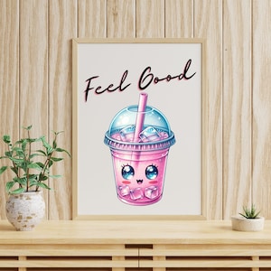May include: A pink and blue cartoon illustration of a boba tea with a straw and ice cubes. The text "Feel Good" is written in black above the boba tea.