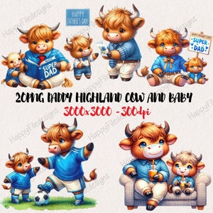 Clipart de vaca das montanhas do dia dos pais em aquarela, vaca das montanhas do bebê PNG, papai PNG, clipart de animal do pai, para scrapbooking, cartões de convite