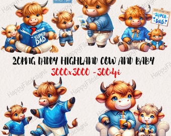 Watercolor Father's Day Highland Cow Clipart: Dad & Baby PNG (Digital Download)