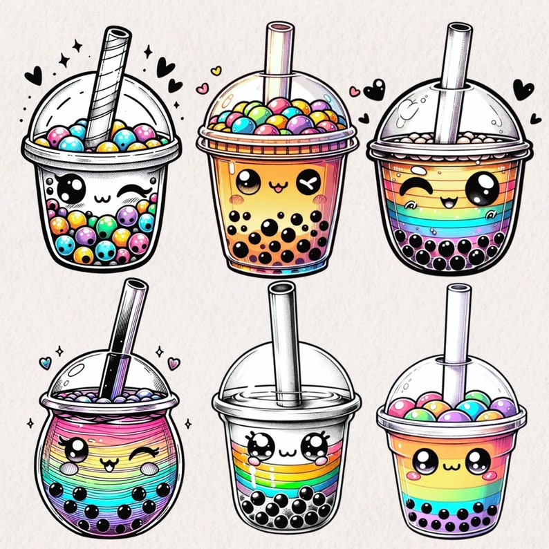 Bubble Tea Kawaii Clipart Set, Cute Bubble Tea Rainbow Clip Art ,boba