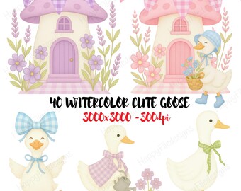 Clipart de ganso en acuarela, jardín cottagecore, globos PNG (uso comercial)