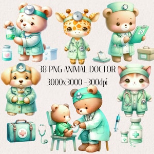 Doktor Clipart, Krankenhaus, Krankenschwester Bilder, süße Tiere Babyparty, Baby Jungen Kinderzimmer, druckbare Kunst, grüner Bär Arzt png