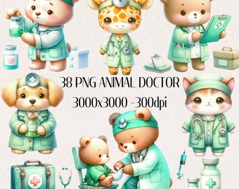 Watercolor Doctor Clipart, Hospital, Medical Nurse Images, Cute Animals Baby Shower, Baby boy Nursery, Printable Art, Green Bear doctor png