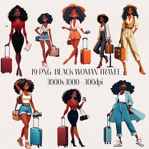 Black Woman Clipart Travel, African American Travel Clipart PNG, Instant Download, Black Girls Trip, Girls Trip travel png