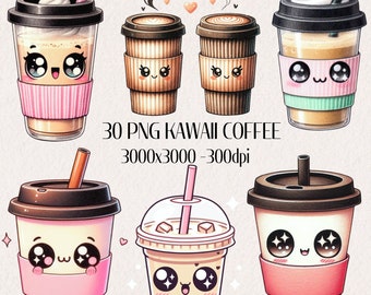 Aquarell Kawaii Kaffee Clipart, niedliches PNG-Set (kommerzielle Nutzung)