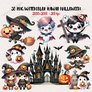 Watercolor cute kawaii Halloween clipart, Cute Halloween Graphics and Decor, Bat, Pumpkin Illustration | Instant Download for Commercial Use