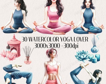 Clipart de yoga en acuarela: Meditación y autocuidado (descarga digital)