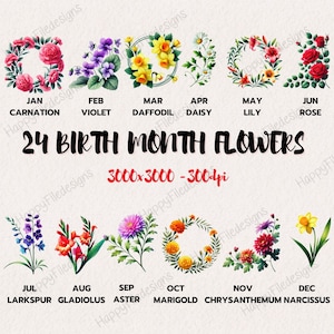 24 Watercolor Birth Month Flowers Clipart, Watercolor Floral PNG, Birthflower png, Watercolor Birthflowers Clipart Bundle for Commercial Use