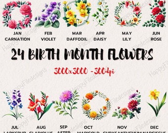 Watercolor Birth Month Flowers Clipart: Floral PNG Bundle (Commercial Use)