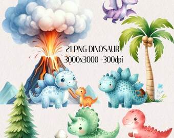 Colección de imágenes prediseñadas de dinosaurios de acuarela - imágenes prediseñadas de guardería, niño, decoración de guardería, baby shower, imágenes prediseñadas de acuarela de dinosaurio bebé