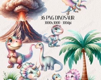 Watercolor Dinosaur Clipart: 36 PNG Nursery Graphics (Digital Download)