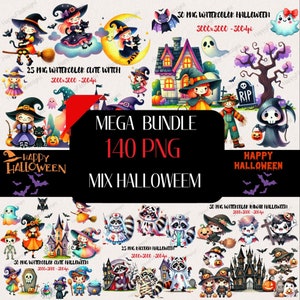 Watercolor Kawaii Ghost Clipart Bundle ,Cute Kawaii Halloween Clipart, Halloween PNG, Witch PNG, Jack-O-Lantern, Spider, Bat, Commercial Use