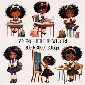 May include: A set of 23 digital illustrations of Black girls in various school settings. The girls are wearing school uniforms and are engaged in activities such as reading, writing, and playing. The illustrations are in a cartoon style and are perfect for use in educational materials, classroom decorations, or personal projects.