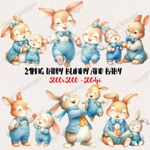 Watercolor Dad bunny and baby clipart, Cute Bunny Clipart, Family Rabbit PNG, Baby Woodland Animals, Father&#39;s day nursery print
