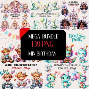 Bundle Geburtstag Clipart, Meerjungfrau-Geburtstags-Party Bundle, Dinosaurier-Geburtstags-Party-Set für Make Karte, Highland Kuh Geburtstagsfeier