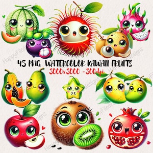 Watercolor Kawaii Fruits Clipart, Cute Fruit PNG bundle, Cute cartoon fruit clipart, Cute Food, Kawaii Fruit PNG