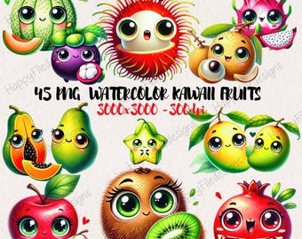 Aquarel kawaii fruit clipart, schattige png-bundel (digitale download)